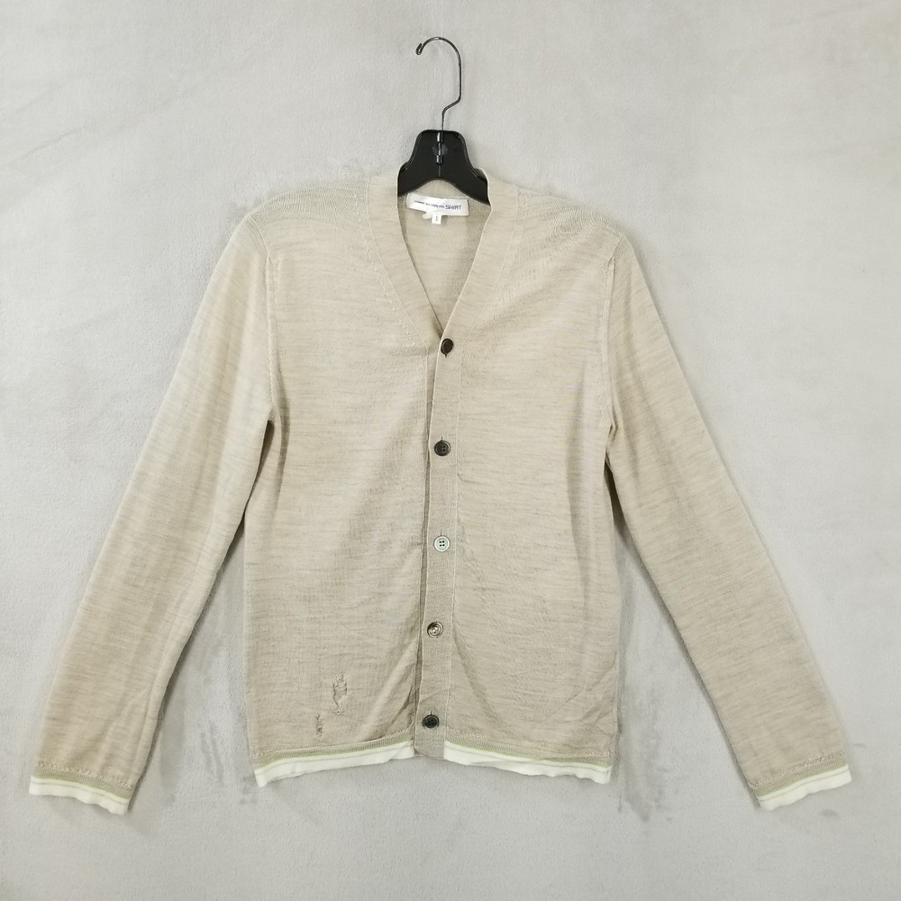 Comme Des Garcons Shirt Cardigan Womens S Beige Wool Blend Distressed Hole